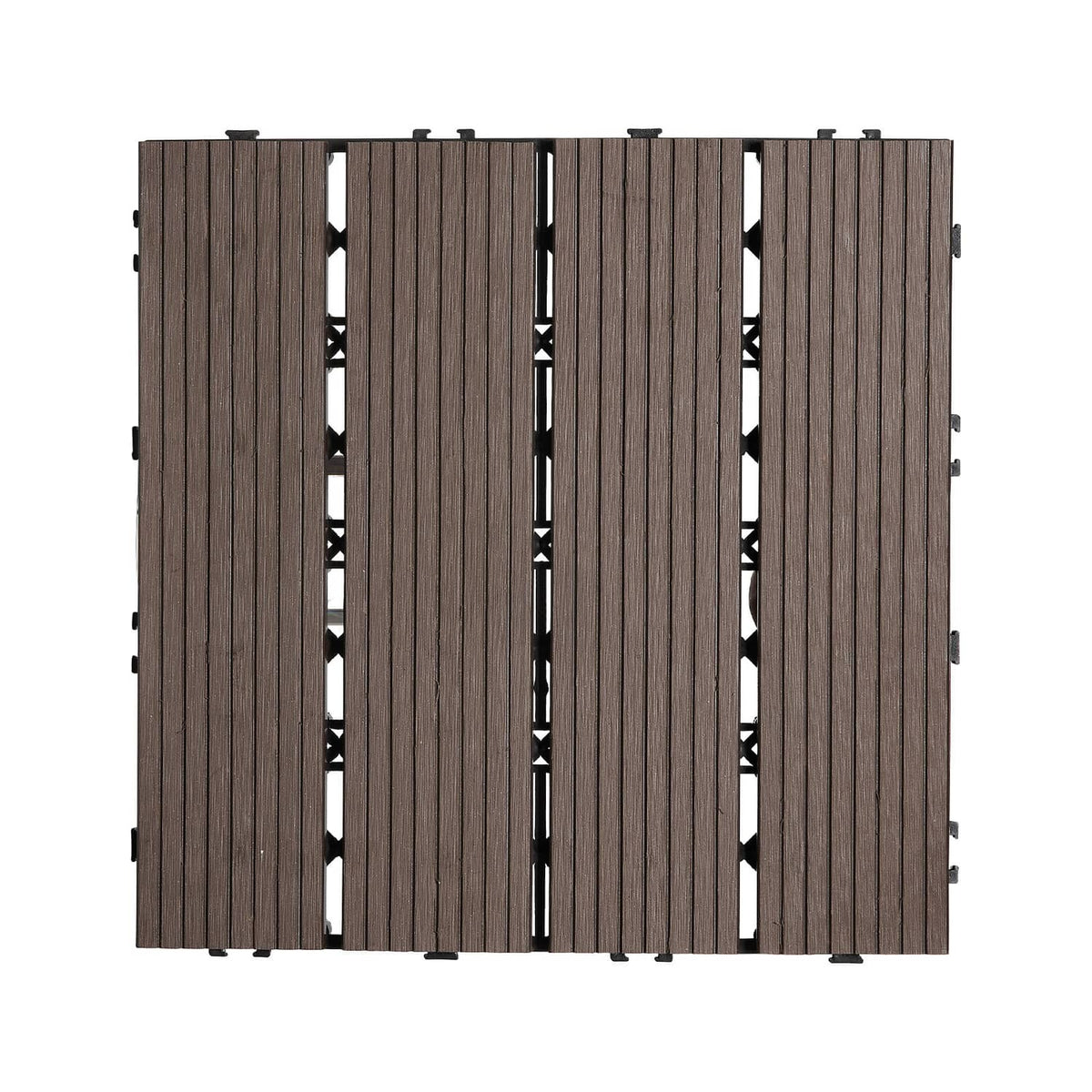 Underside of dark brown interlocking deck tile with crisscross support grid lugs