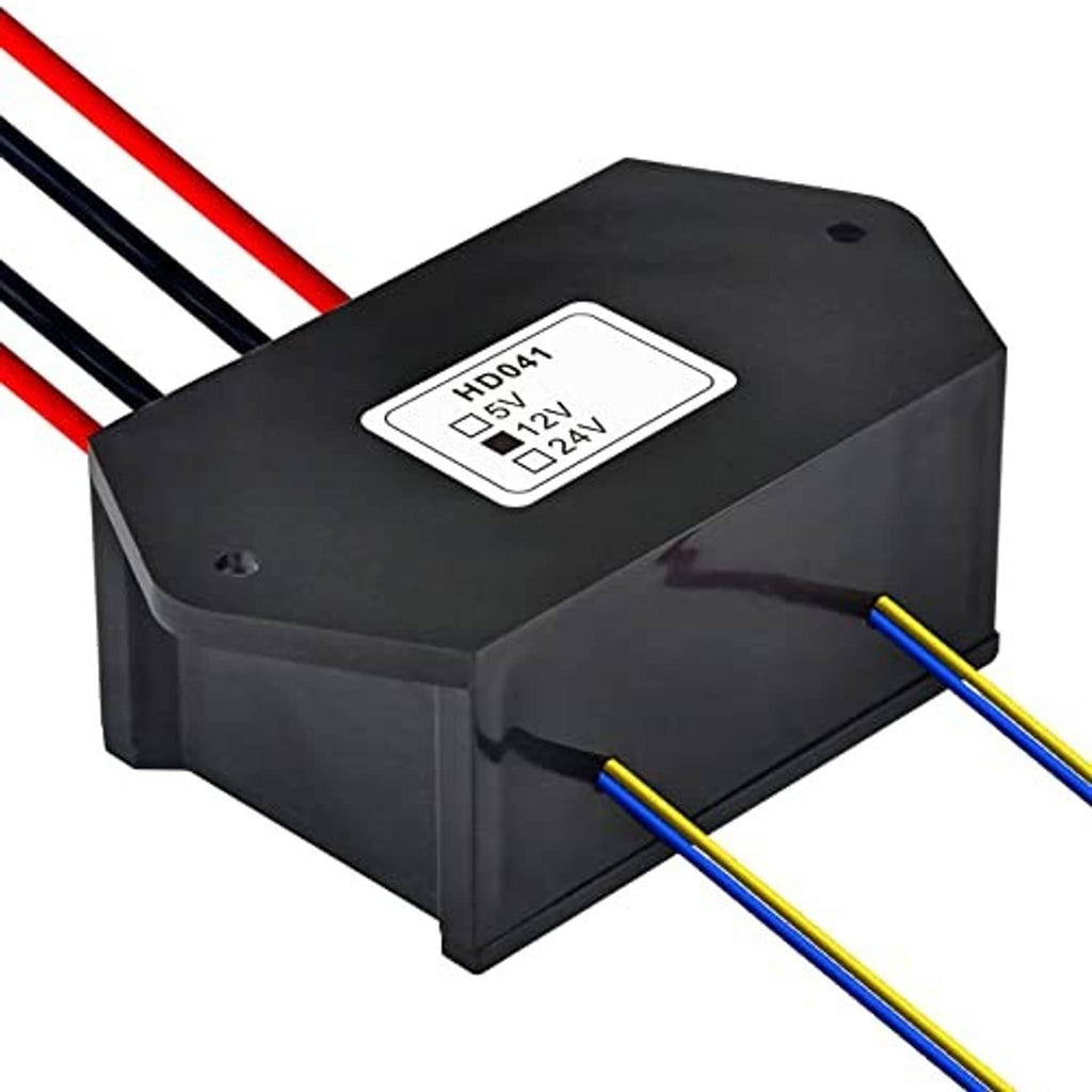 Relay module side end view with rating label and blue/yellow and red wire leads