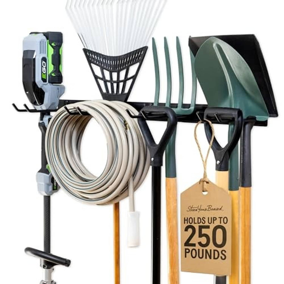 Black tool rack with 4 hooks holding a rake, shovel, broom, and other yard tools