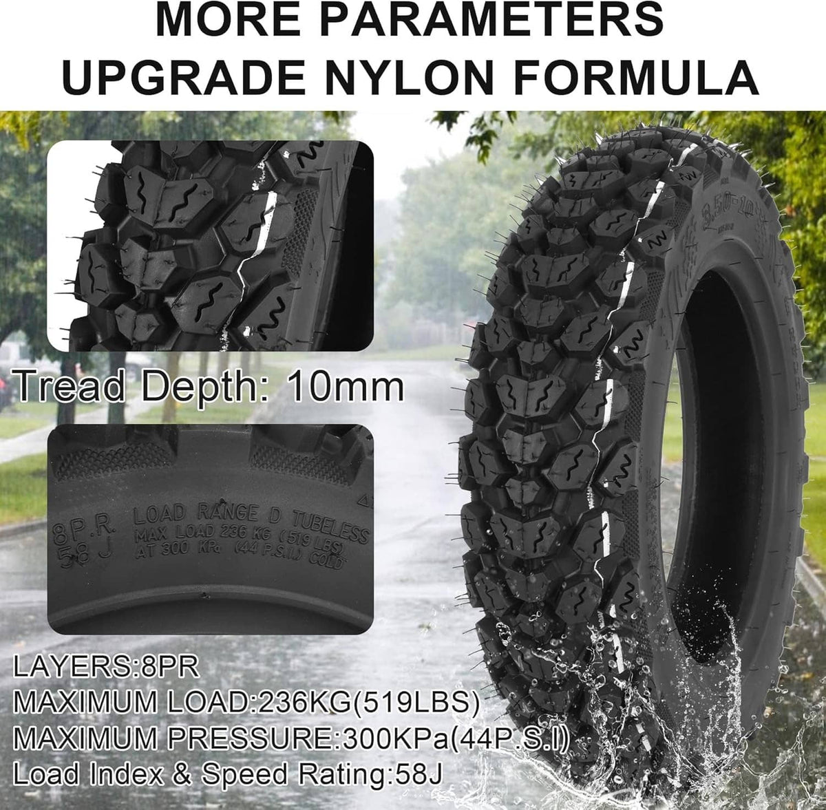 3.50-10 scooter tire close-up, deep knobby off-road tread, black
