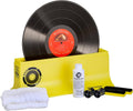 Vinyl record cleaner kit with yellow box, bottle, pads, and cleaning tools
