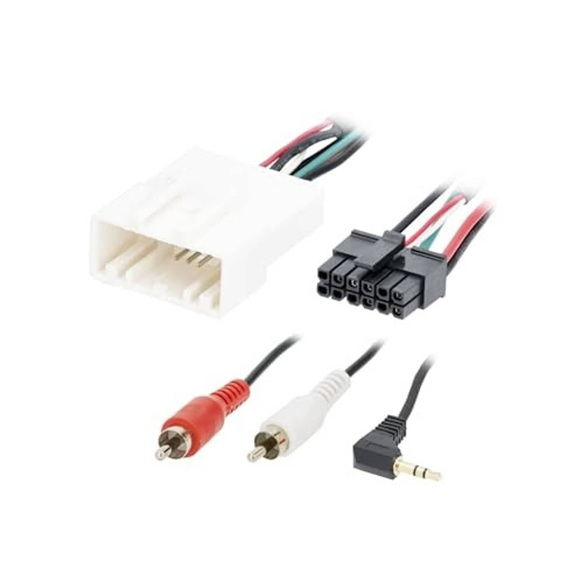 20-pin wiring harness with white plug, black socket, and red/white RCA cables