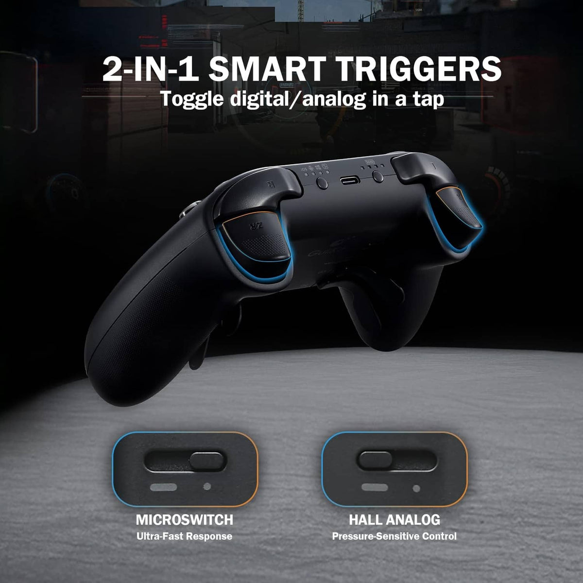 Black gaming controller with dual smart triggers and textured grips, blue accent lines