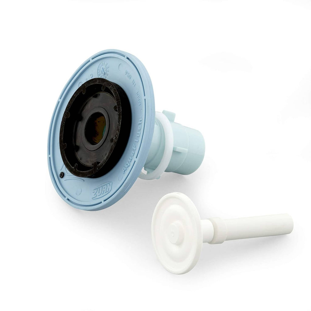 Light blue flush valve body with white spout and black inset seal