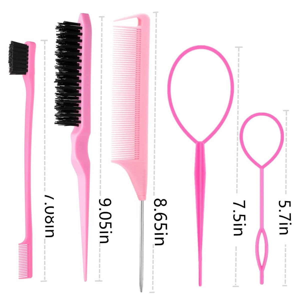 Pink hair styling set with size chart showing brushes, combs, and topsy tail tools