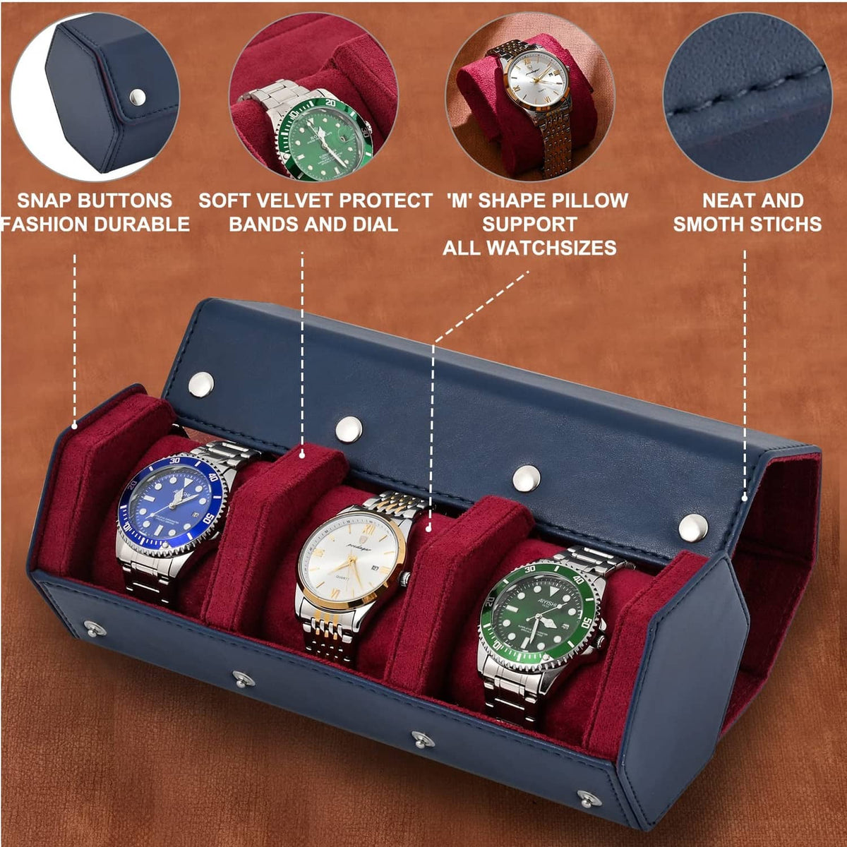 Dark blue watch roll case with snap buttons and red velvet three-slot divider