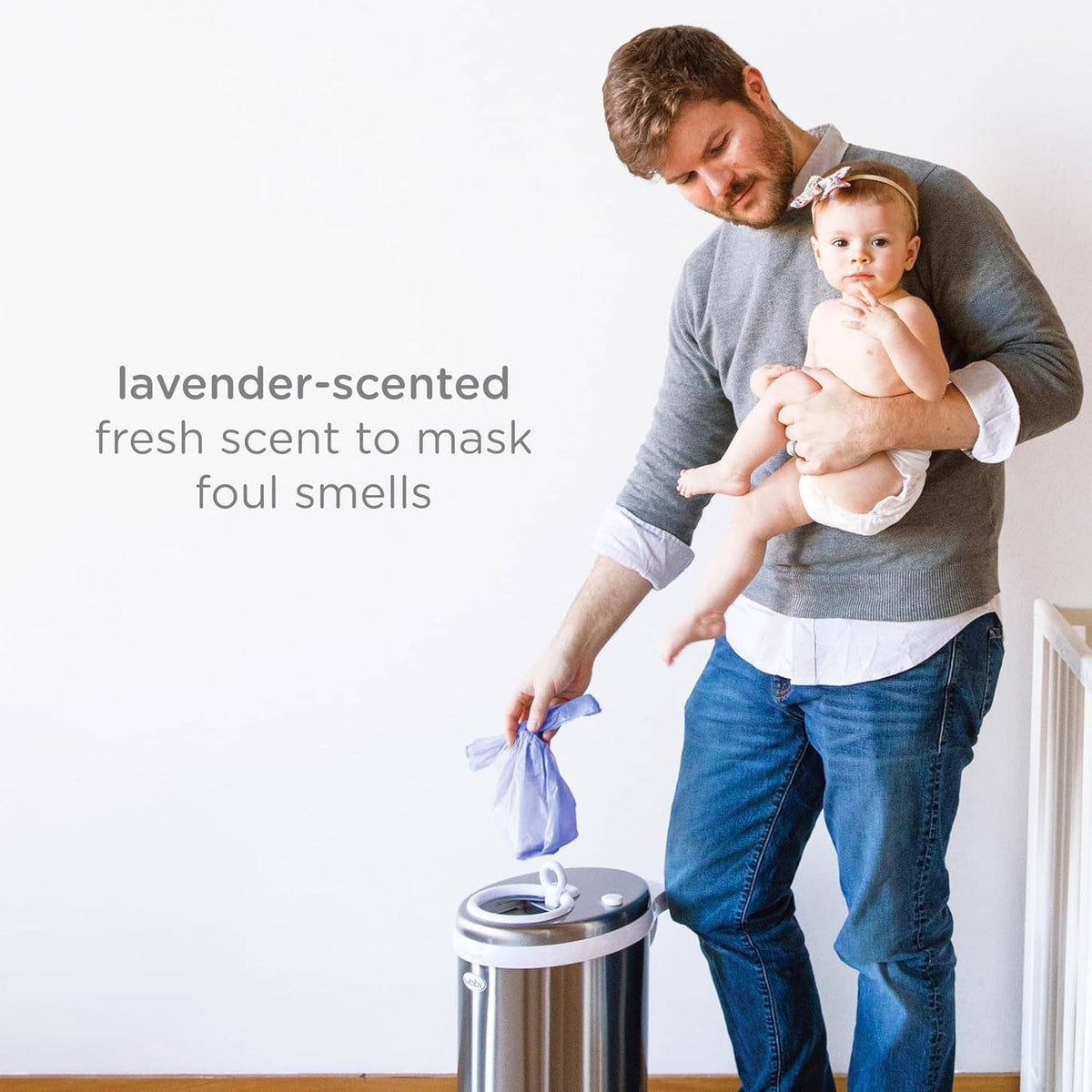 Lavender-scented diaper sack bag, tied for odor control at home