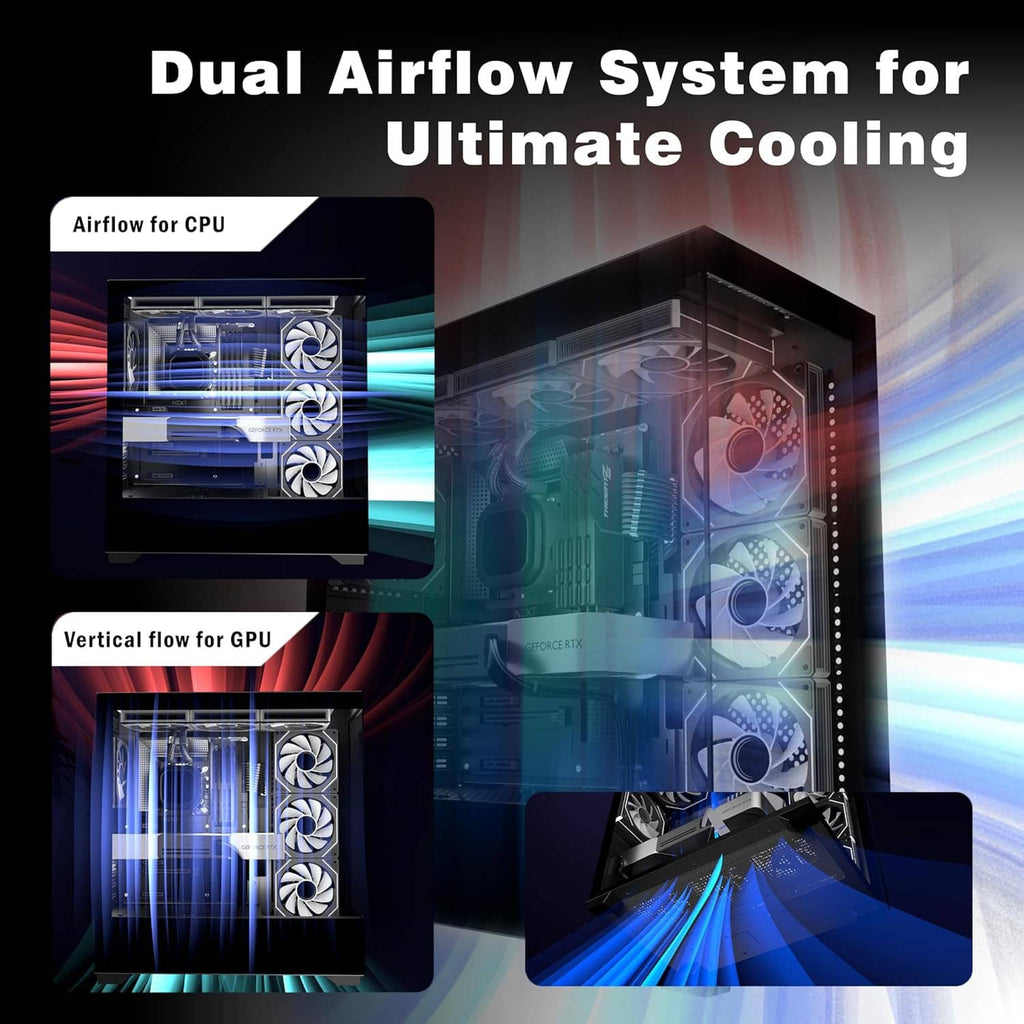 Mid-tower PC case airflow layout with front-to-CPU and vertical GPU airflow paths