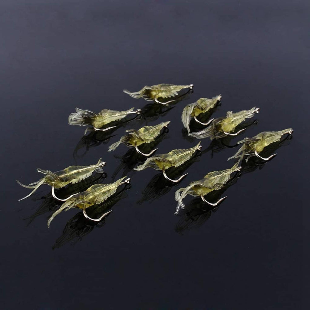 10-pack of yellow shrimp-style soft plastic lures with curved hooks and long feelers
