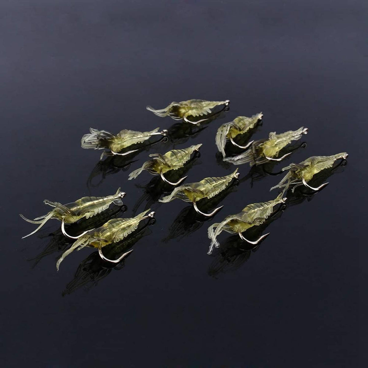 10-pack of yellow shrimp-style soft plastic lures with curved hooks and long feelers