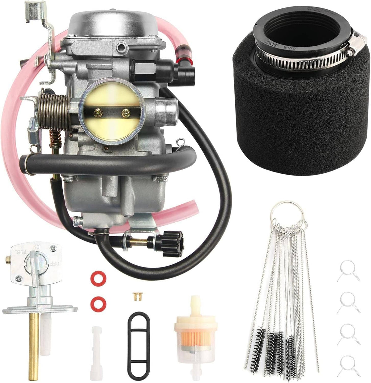 Carburetor kit with air filter and fittings, pink fuel hose and metal carburetor
