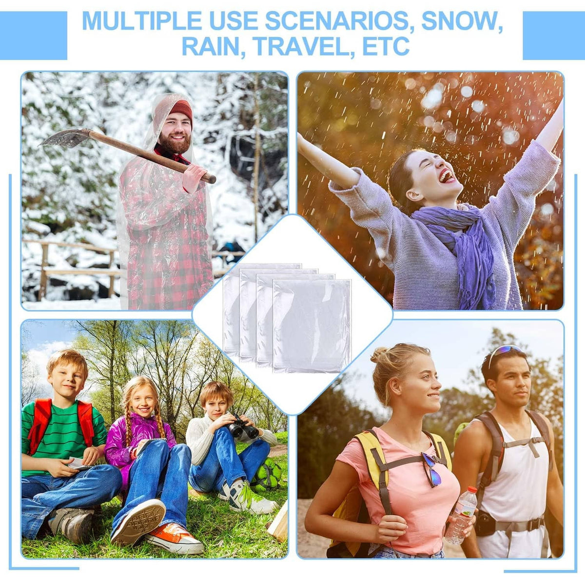 White disposable rain ponchos for multiple uses: snow, rain, travel, and outdoors