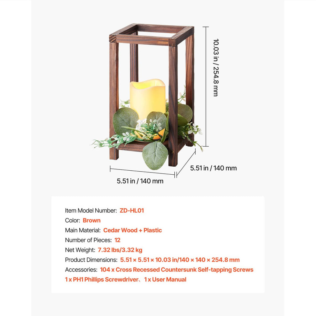 Tall brown wooden lantern with LED candle and faux eucalyptus leaf wreath