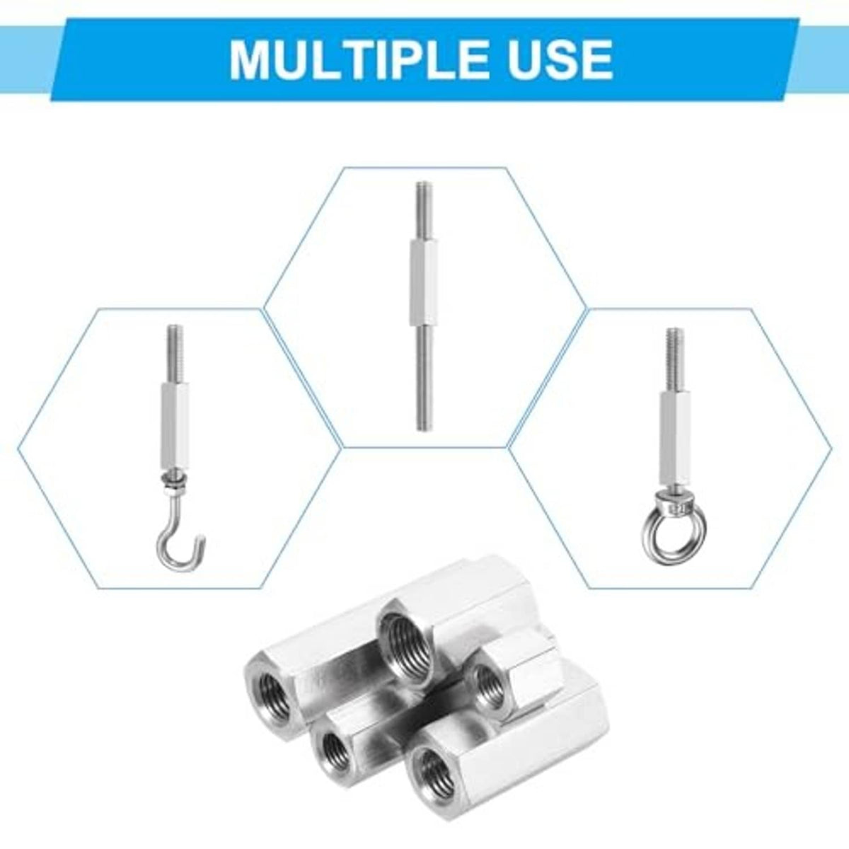 Stainless steel hex coupling nuts, M10 threaded sleeves for multiple connections, 2 pcs