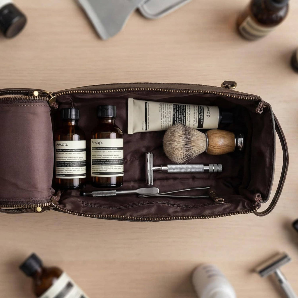 Open brown leather toiletry bag showing inner zipper divider and pocket space