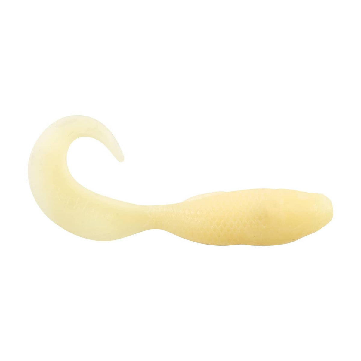 Light yellow soft glow fish bait with curved tail, realistic worm shape