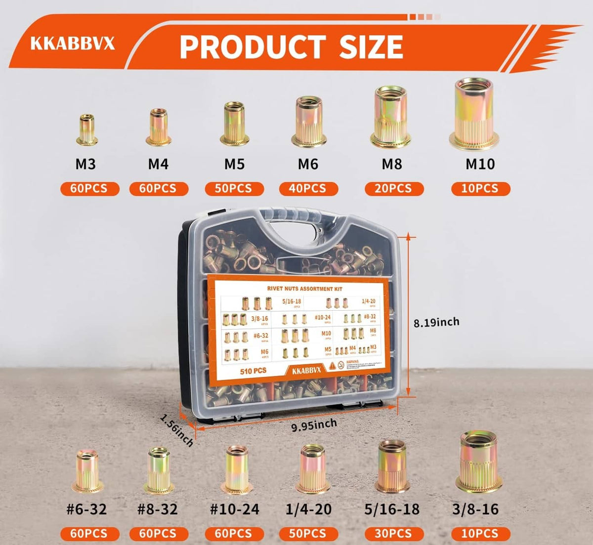 Rivet nut assortment product-size chart with nut sizes and counts shown on case