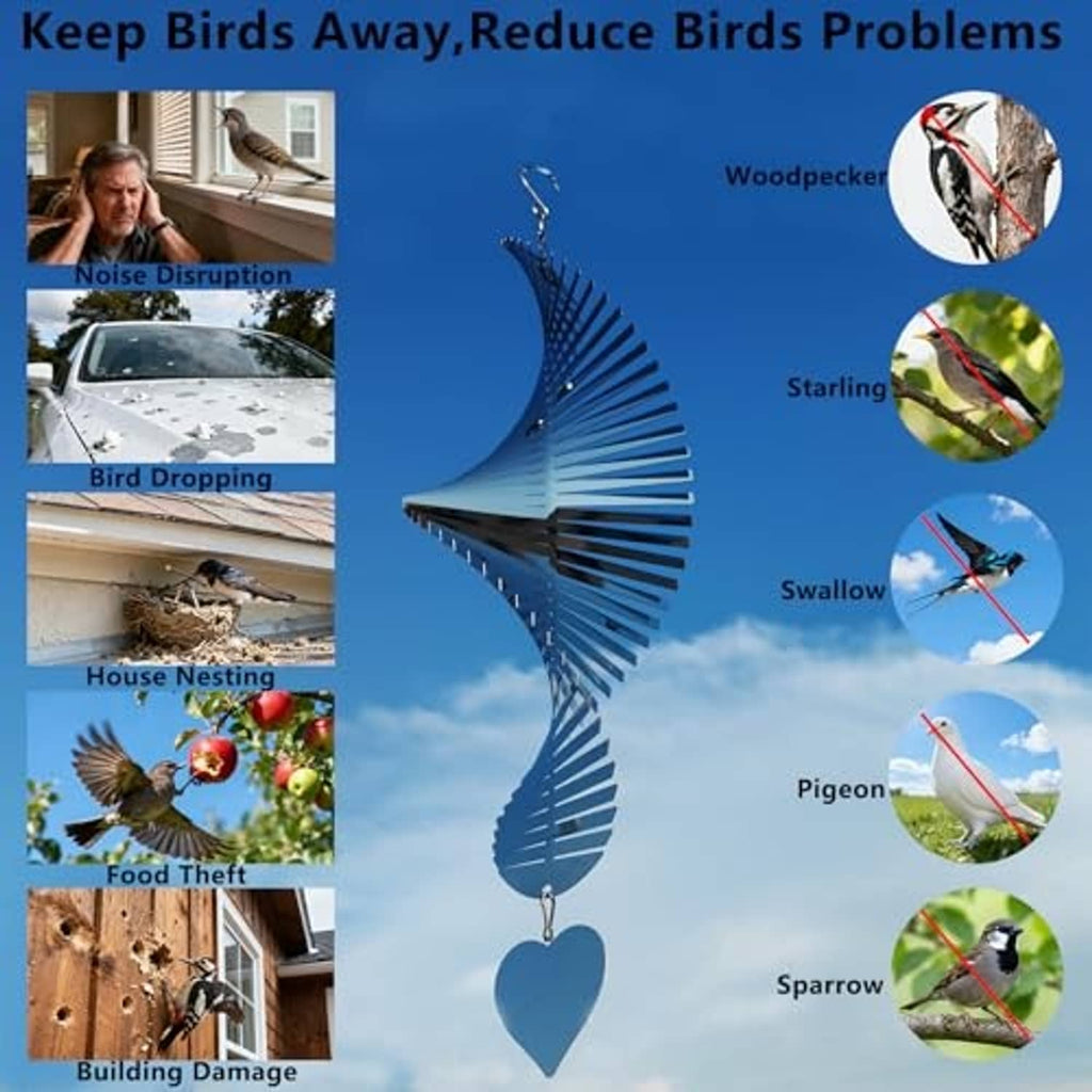 Bird-deterrent wind spinner with reflective wing design and heart charm