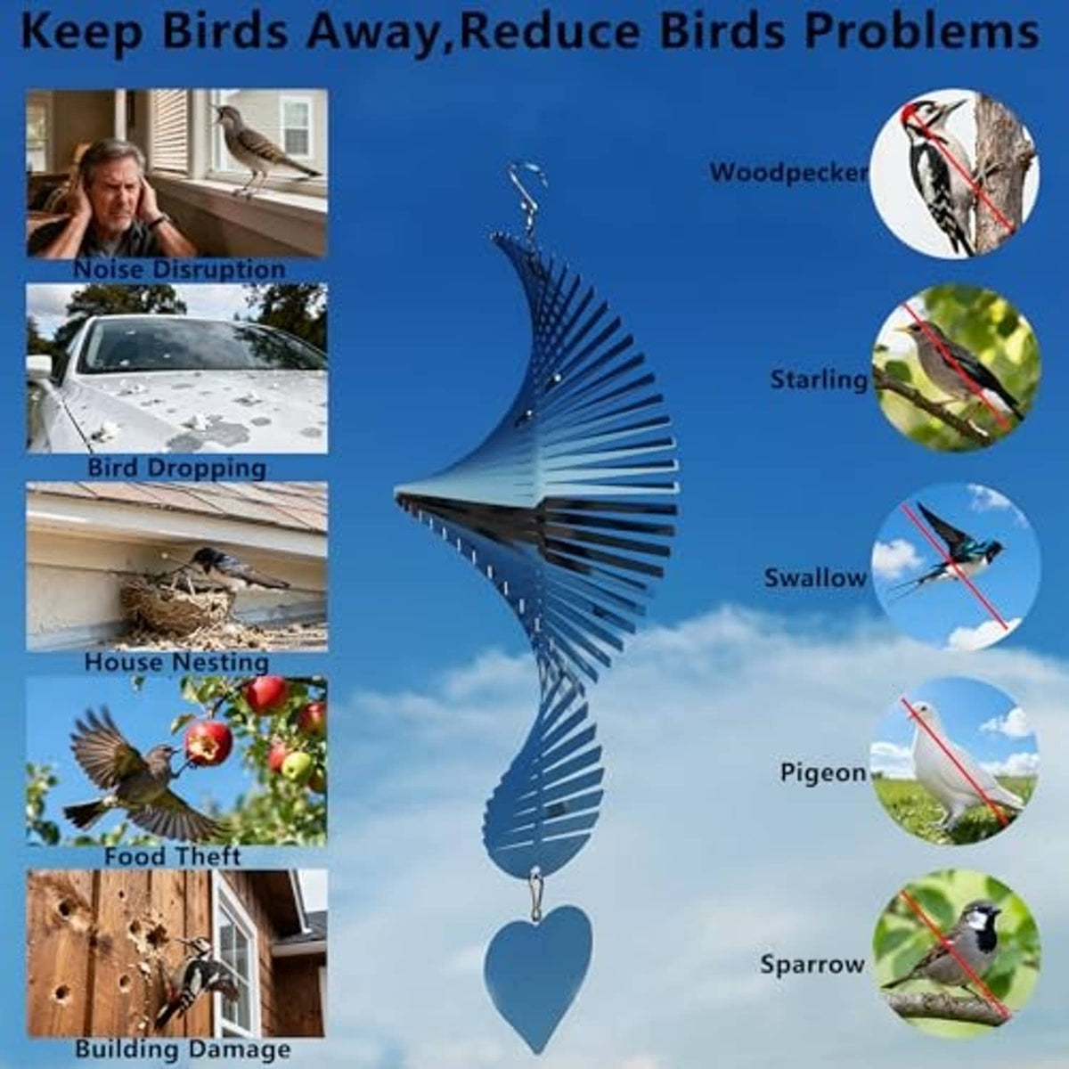 Bird-deterrent wind spinner with reflective wing design and heart charm