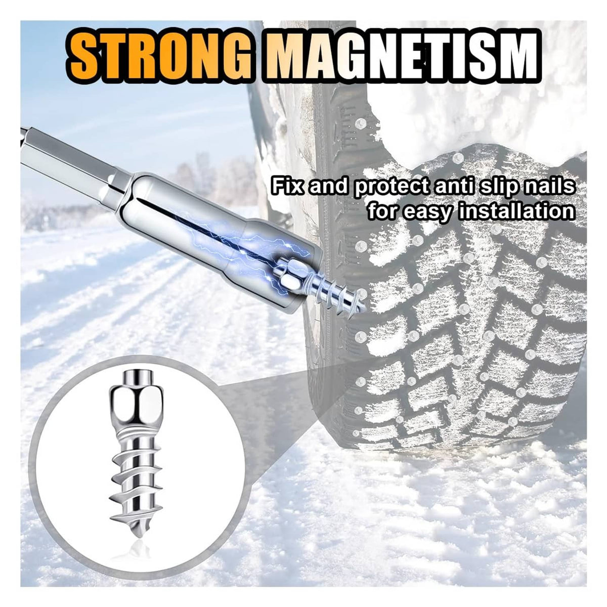 Anti-slip tire stud screws and silver installation tool for snowy traction