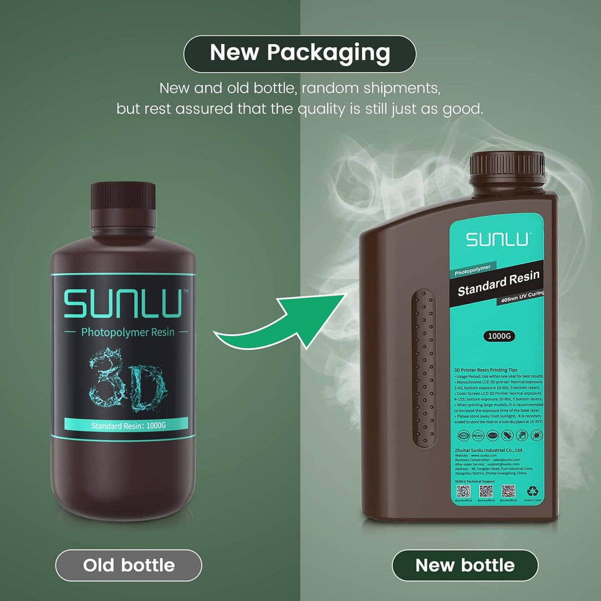 SUNLU standard resin bottles comparison: old bottle and new bottle packaging