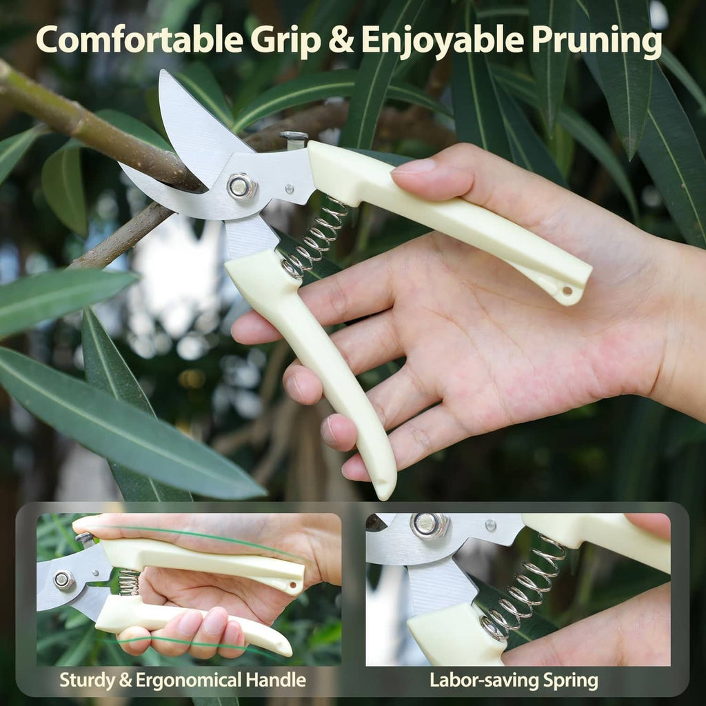 Pruning shears with cream ergonomic handle and spring action, stainless blade