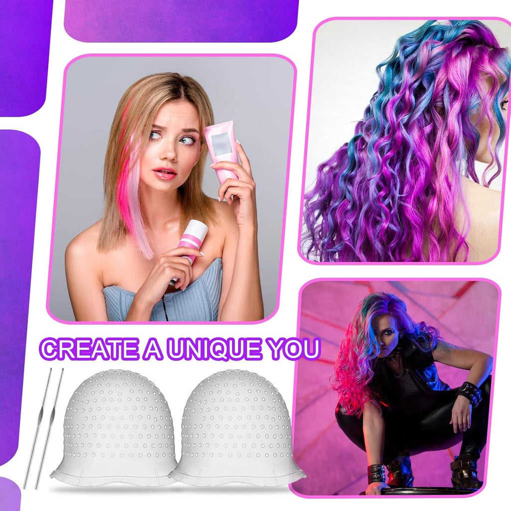 2 silicone hair highlight caps with perforated holes and two metal rods