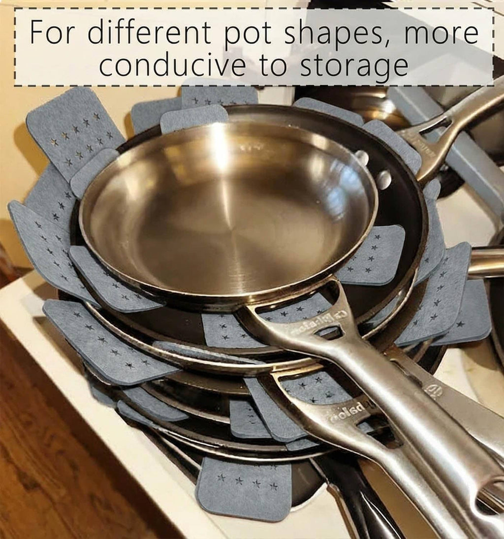 Gray felt pot protector pads with star-dot perforations surrounding a skillet in storage.