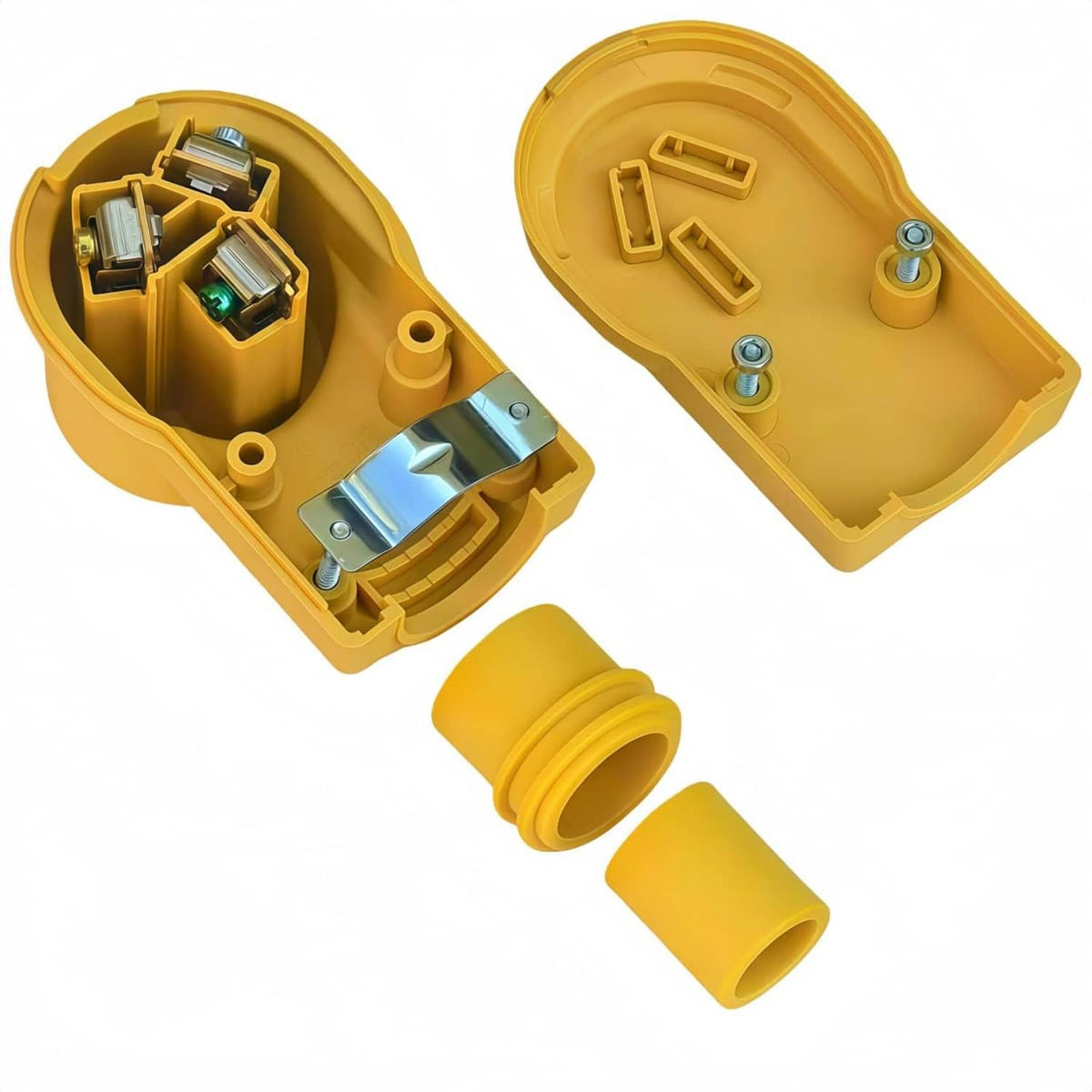 Industrial yellow NEMA 10-50R female receptacle with open terminal housing and wiring ports