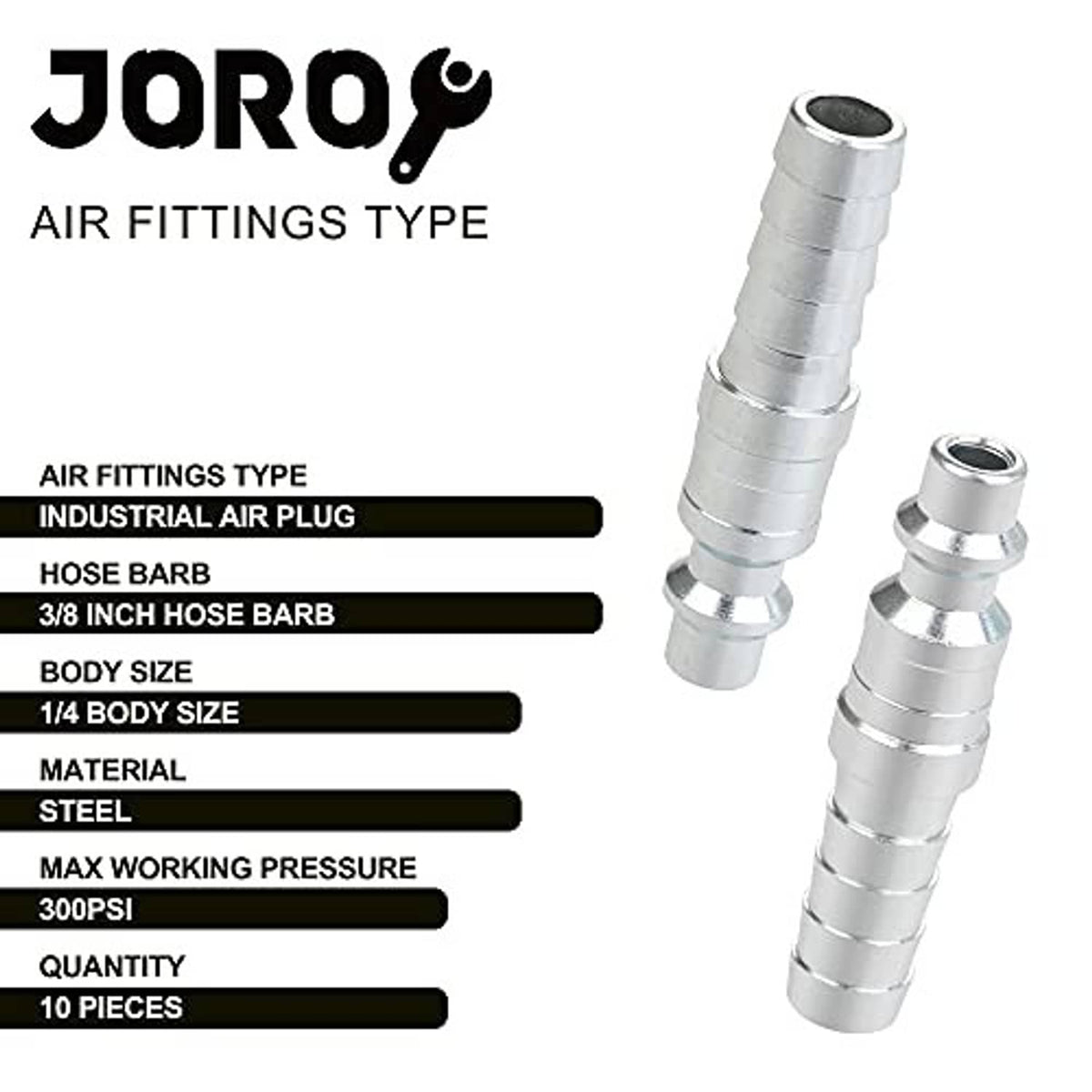 Industrial air plug with hose barb and 1/4 body size, chrome metal fitting