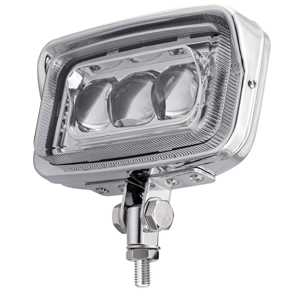 Chrome rectangular front LED headlight with three-lens design and side mounting hardware
