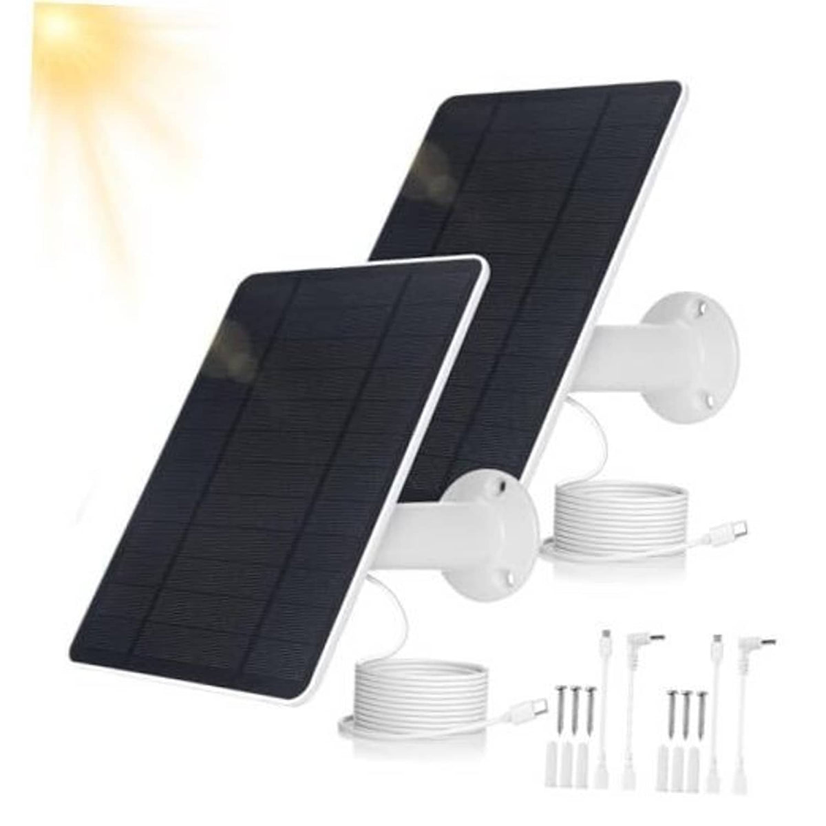Dual black solar panels with white wall mounts and coiled Type-C cable set