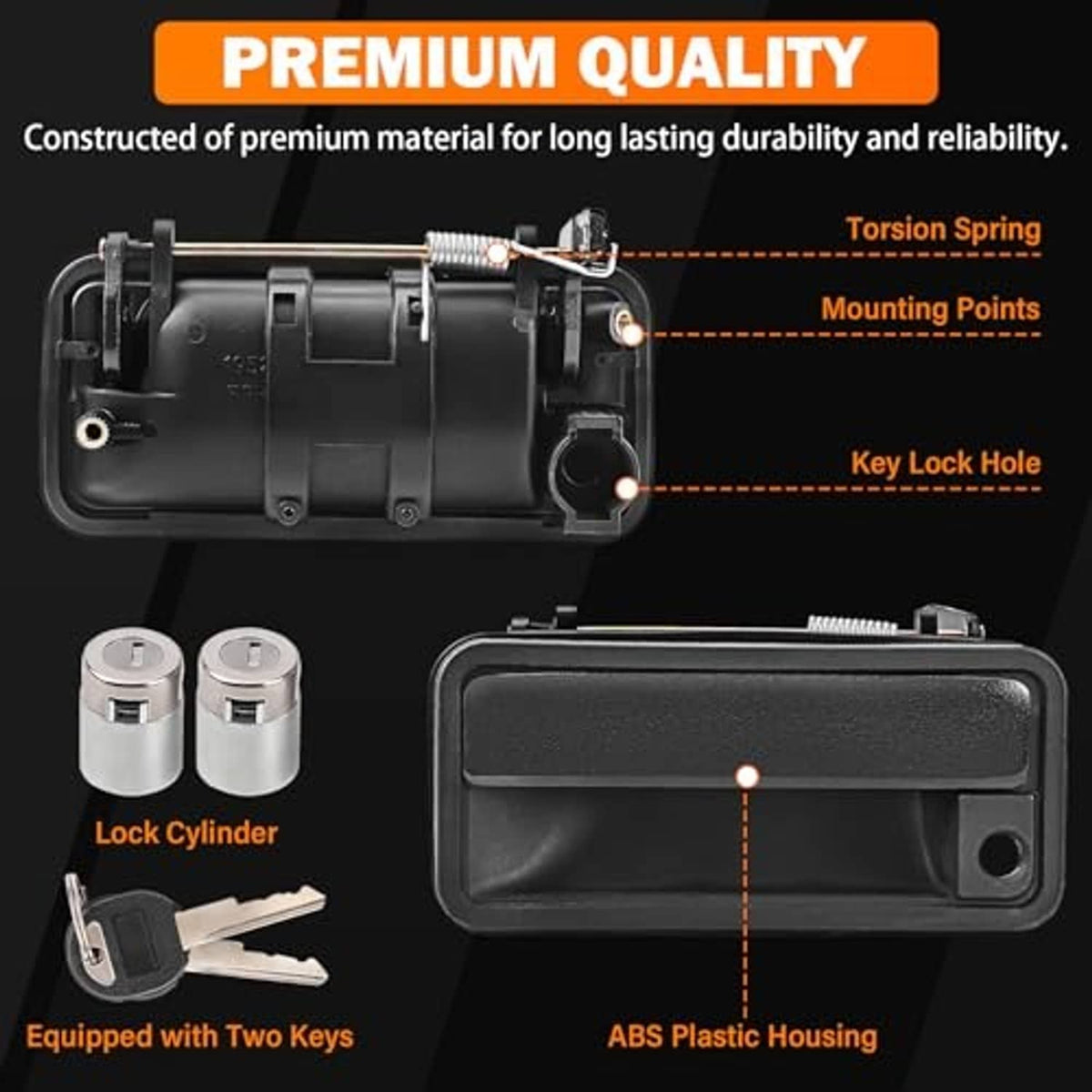 Black lockable exterior door handle pair with key lock hole and ABS housing