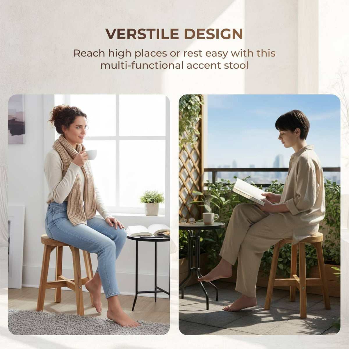 Wooden acacia round stool with stable frame and rounded seat top