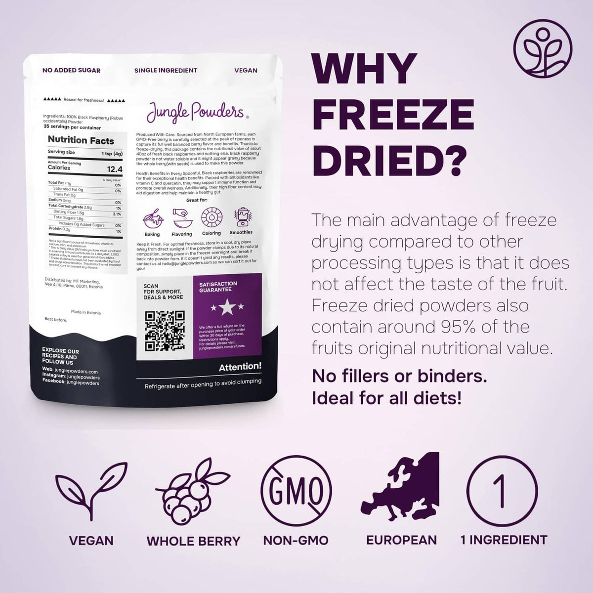Freeze-dried black raspberry powder pouch showing nutrition label and ingredient info