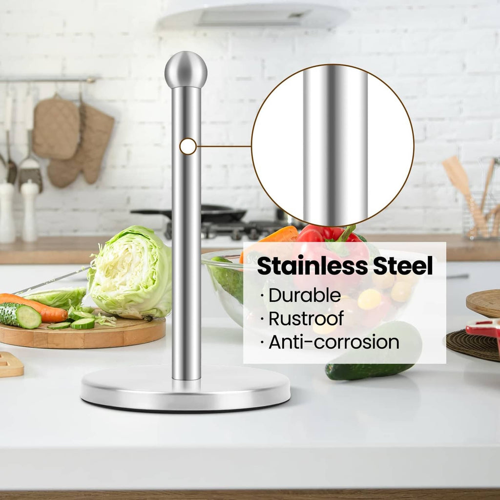 Polished silver paper towel holder stand with tall pole on round base