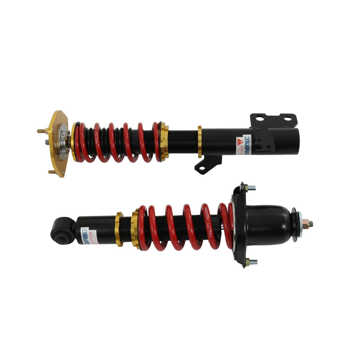 Two assembled coilovers with red springs, black shocks, and gold spring perches