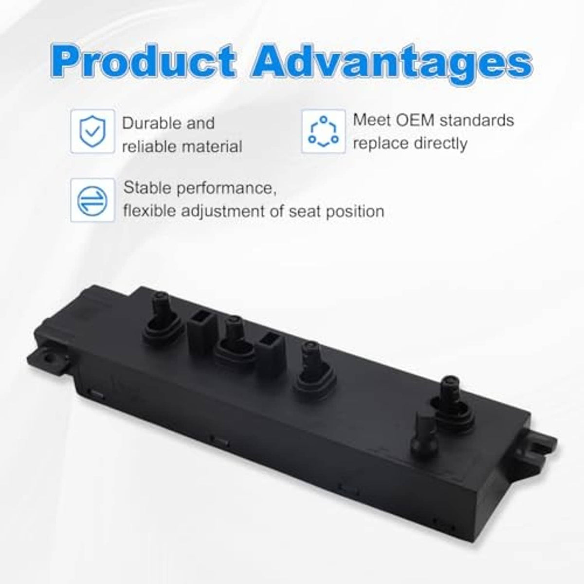 Black power seat switch module with top button switches and side mounting posts