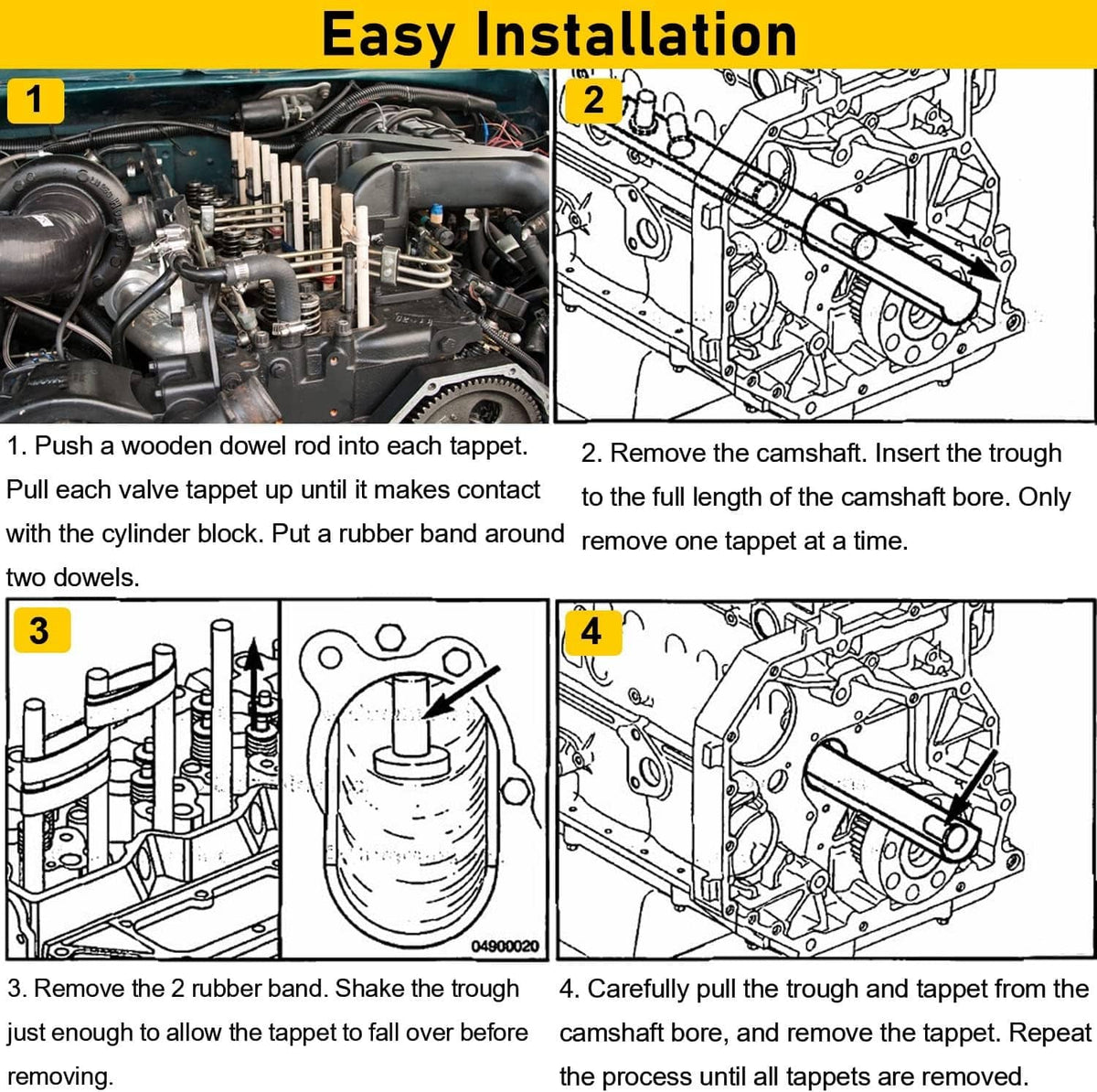 Valve lifter remover and installer tool installation steps with metal trough and dowel rods