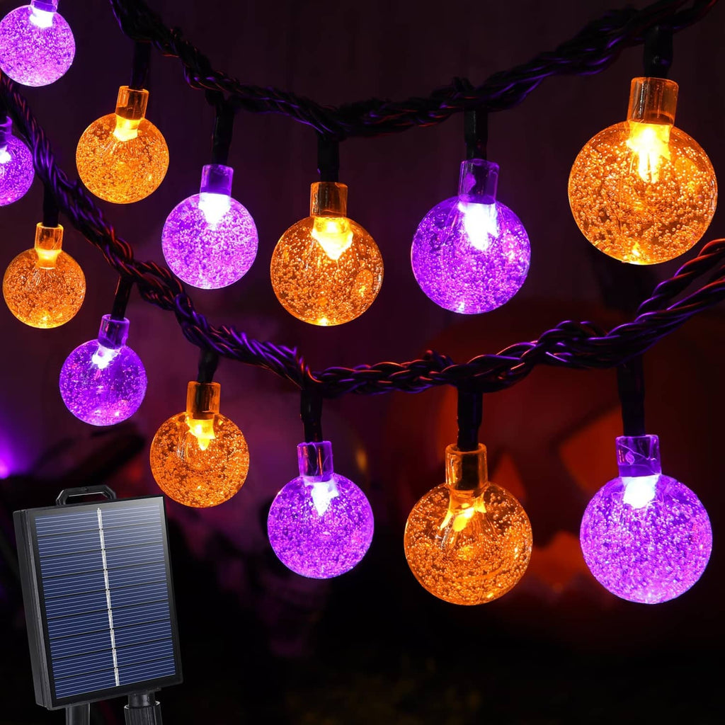 Halloween solar string lights with orange and purple glowing globe bulbs, 100 LED.