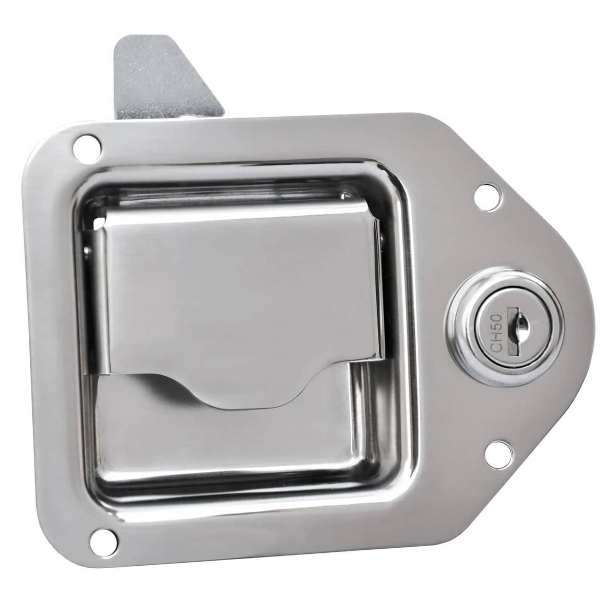 Truck toolbox lock latch assembly with recessed rectangular frame and CH50 keyhole