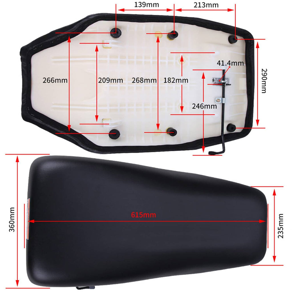 Black ATV seat cover diagram with underside mounting points and dimensions