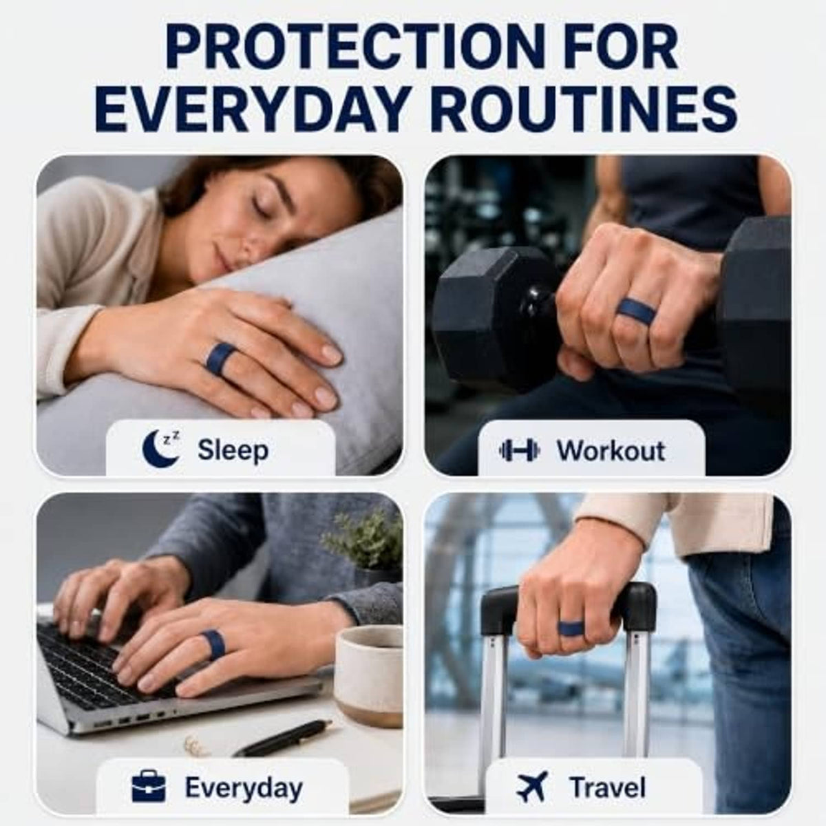 Silicone ring cover worn on a hand in daily scenes, shown across multiple activities.