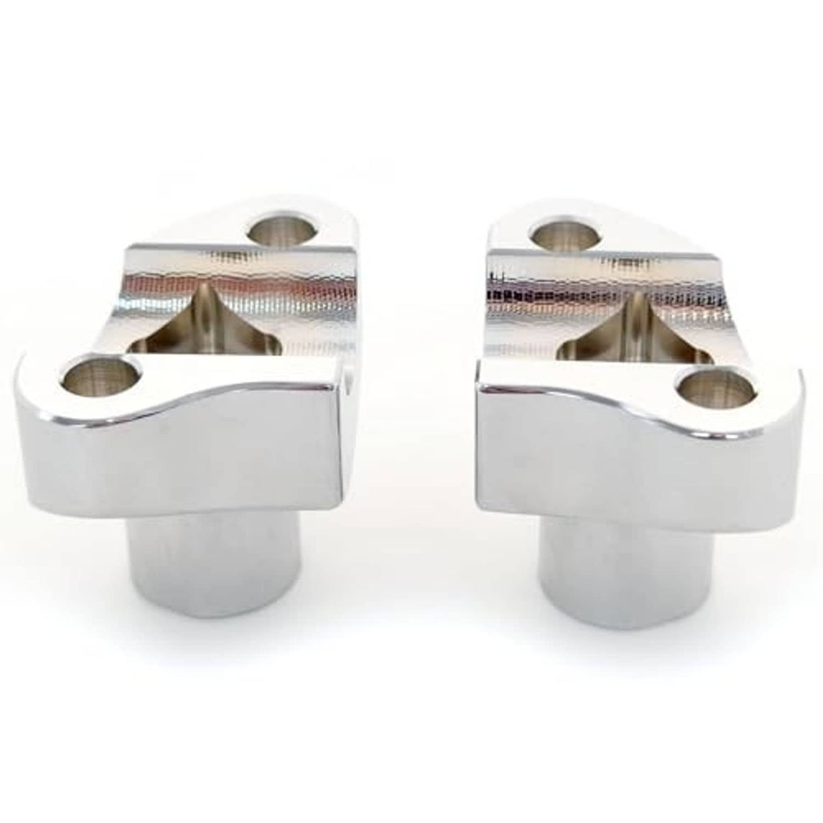 Chrome handlebar riser blocks with top bolt holes and polished side mounting faces