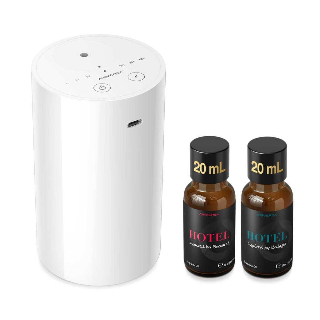 Airversa waterless essential oil diffuser, white cylinder with mist controls and 2 bottles