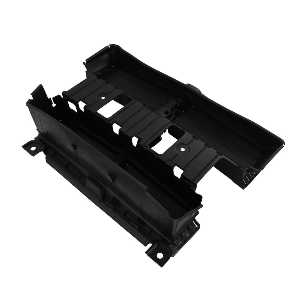 Radiator shutter assembly housing with motor, black plastic, angled view of interior