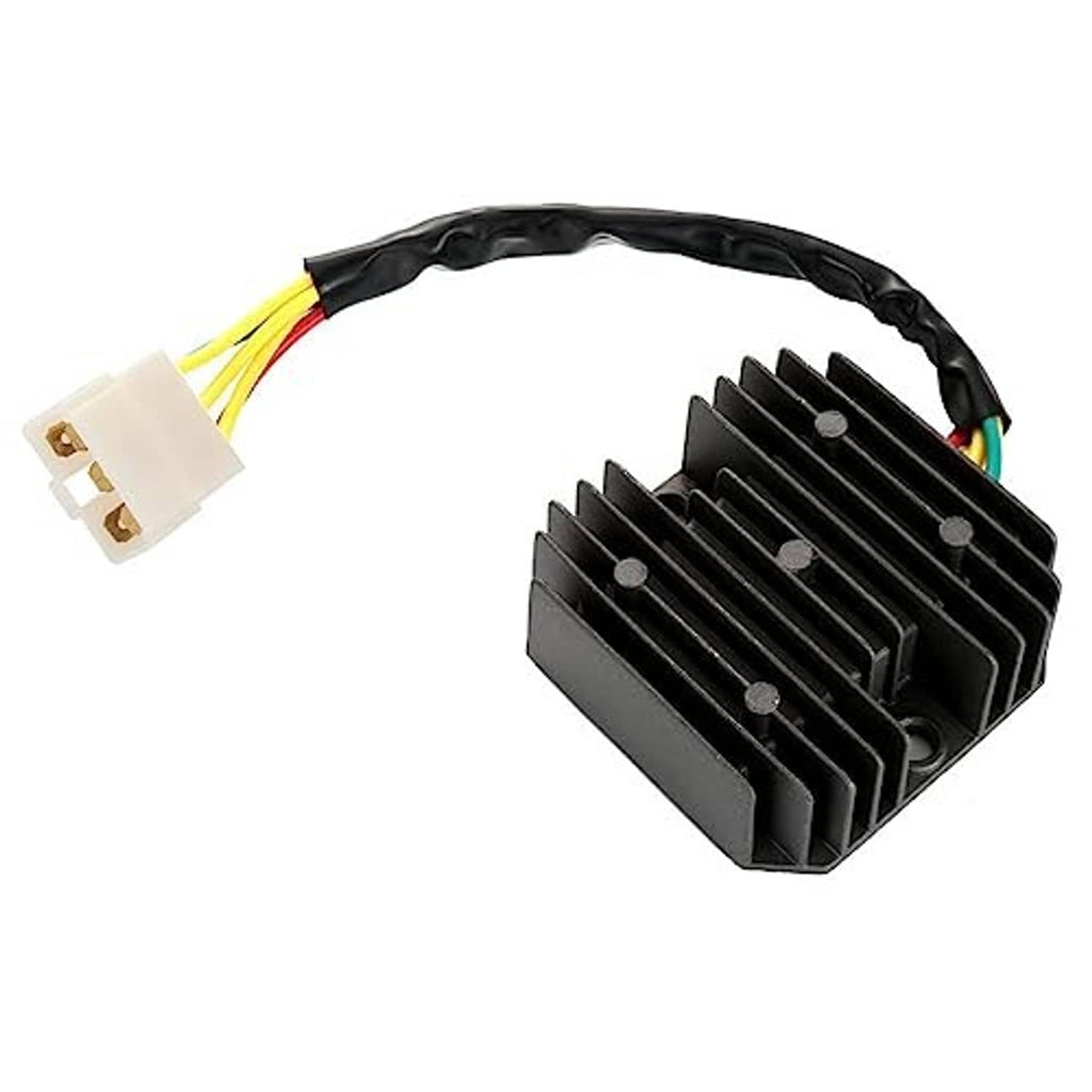 Black finned voltage regulator rectifier relay with wire harness and white multi-pin plug