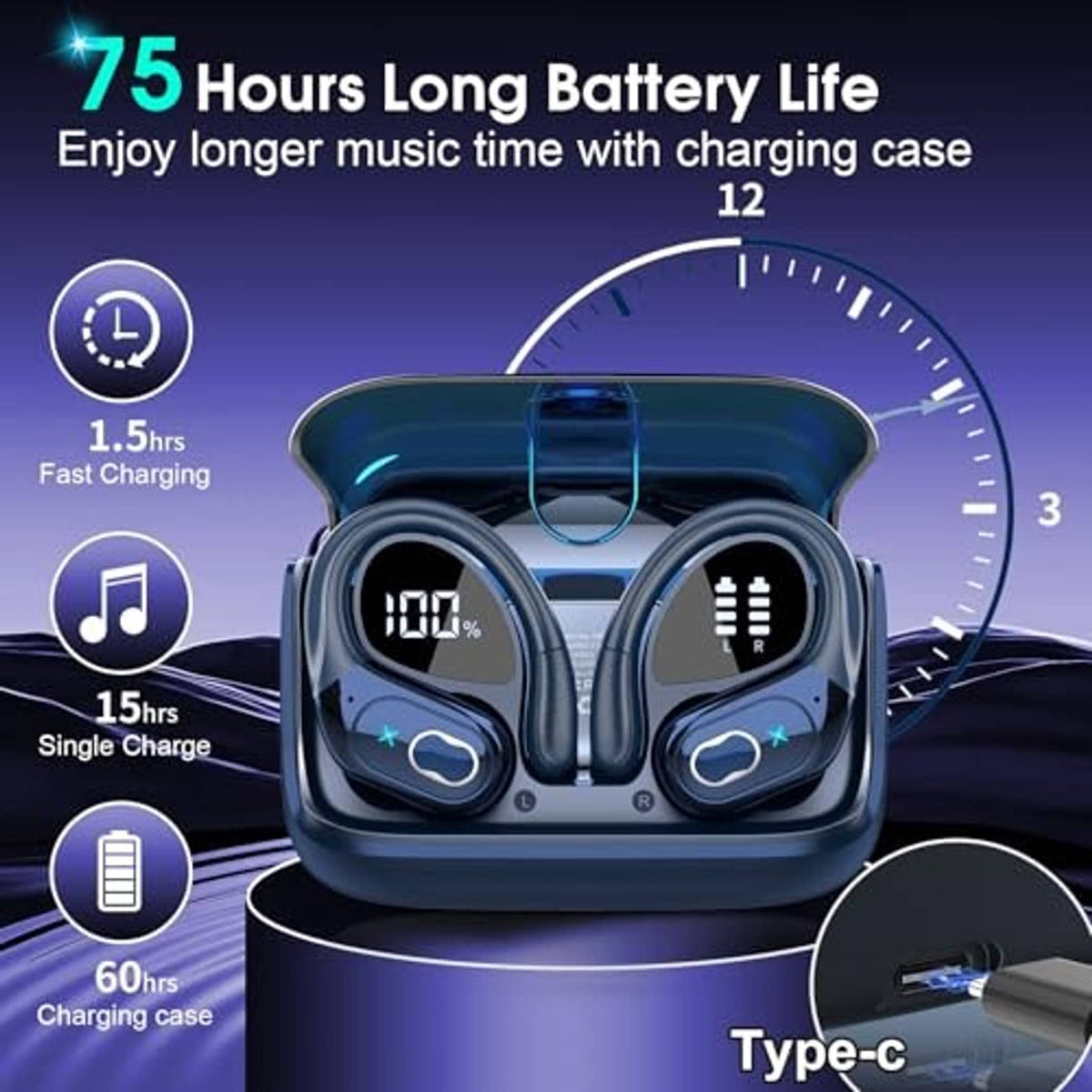Dark blue wireless earbuds in charging case, open view with LED battery display