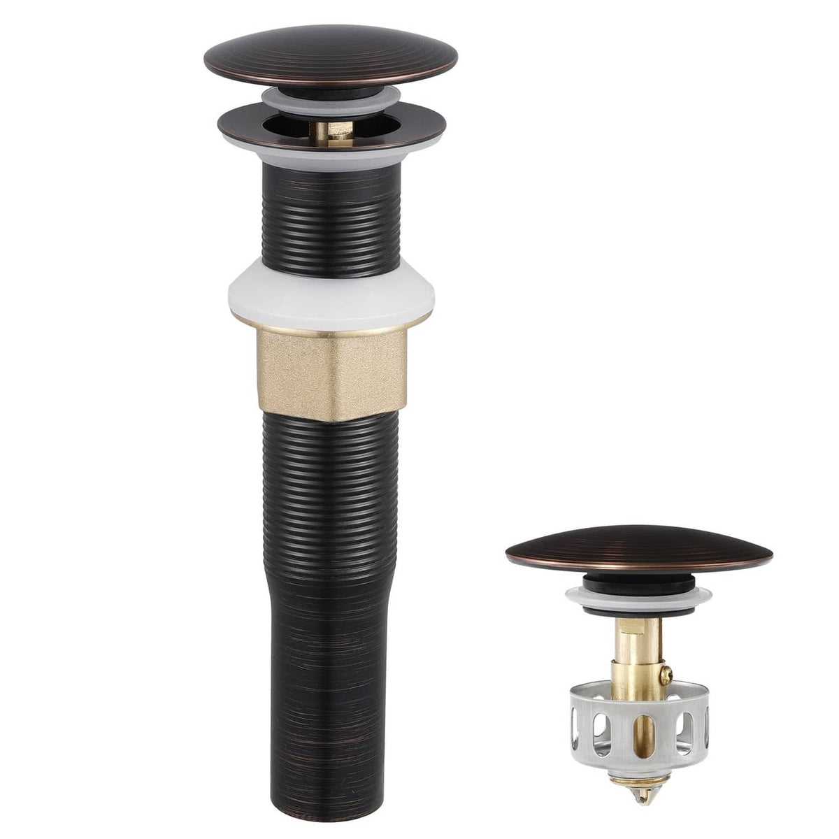 Oil-rubbed bronze bathroom sink pop-up drain with strainer basket