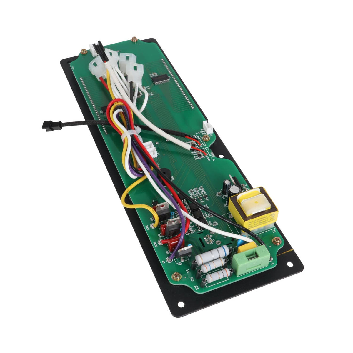 Pellet grill control board PCB with green circuit, ribbon cables, and electronic parts